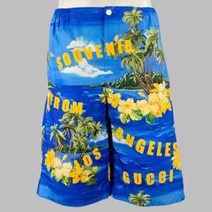 GUCCI Size 30 Blue Yellow Hawaiian Cotton Bermuda Shorts